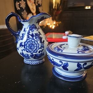Blue and White Ceramic Pitcher and Sugar Bowl Set